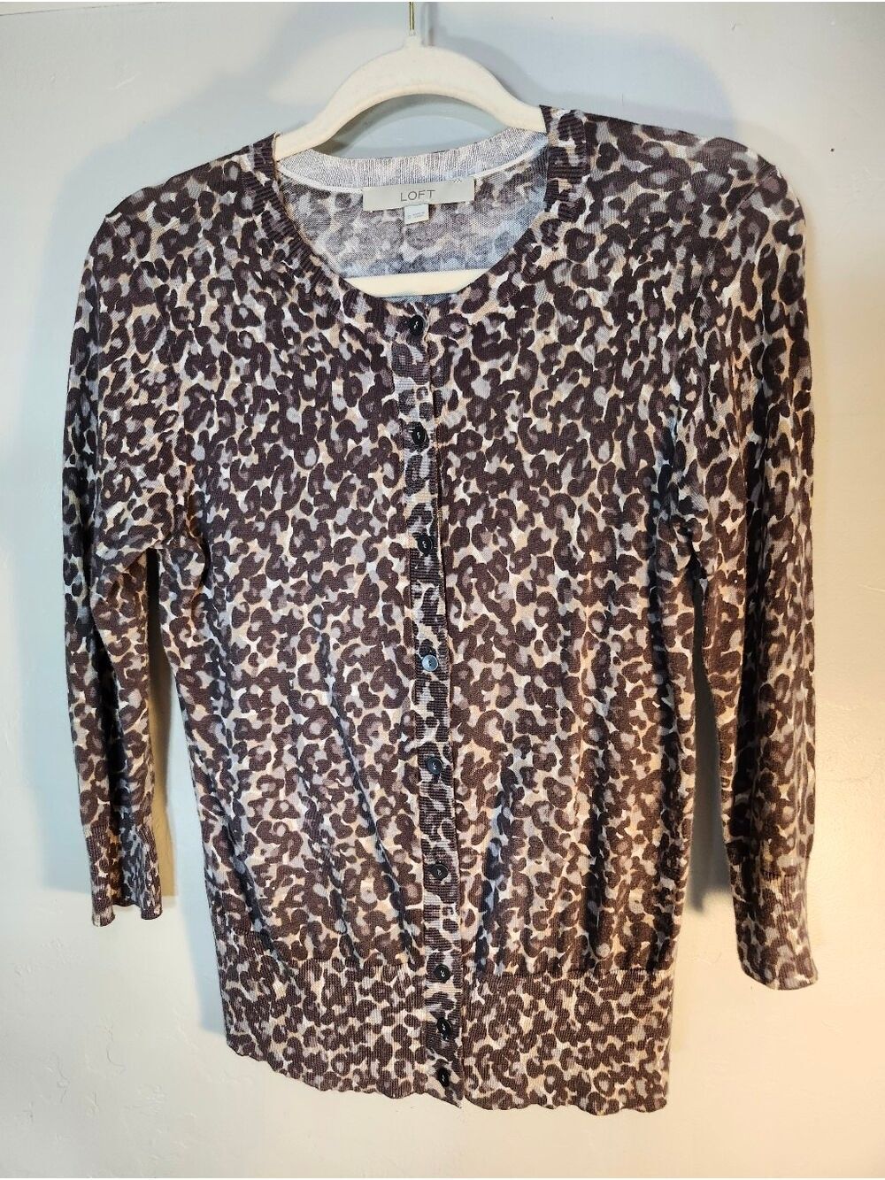LOFT Neutral Leopard Print Button Cardigan in Brown and Cream Lightweight